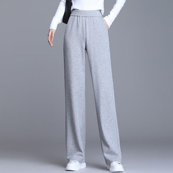 

women's pants & capris autumn women casual pant trousers high waist elastic solid sweatpants winter plus velvet straight wide-leg, Black;white