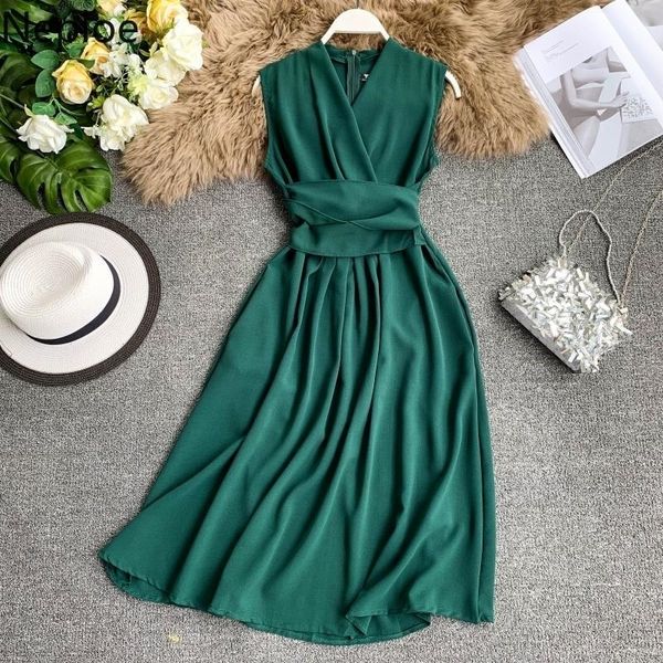

neploe dress women summer 2021 new arival v-neck sleeveless dresses french chic cross drawstring slim waist vestidos 43690 210319, Black;gray