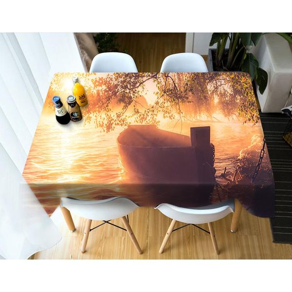 

table cloth 3d sunset over the river tablecloth natural scenery wooden boat chain cover rectangular round home decoration