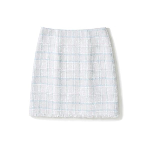 

skirts handmade luxury skirt for women fashion vintage tweed plaid tassel high waist a line, Black