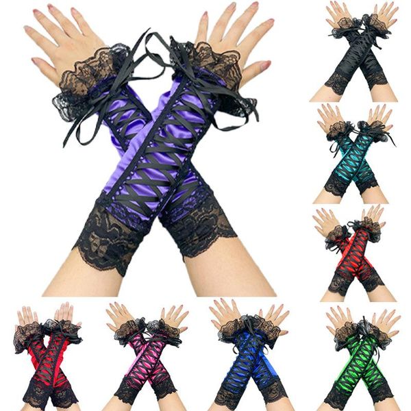 

five fingers gloves women sleeve retro goth lace wristband long arm bandage up accessories dark, Blue;gray