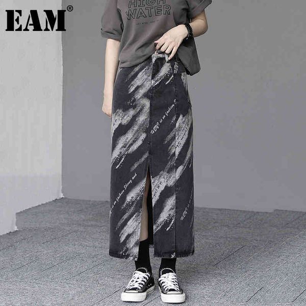 

[eam] high waist black big size denim tie dye zipper long half-body skirt women fashion spring autumn 1dd6126 210512