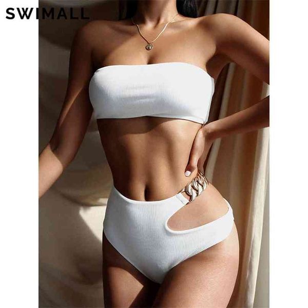 

chain bandeau bikini ribbed swimsuit women high waist set swimwear female push up bathing suit bather biquini 210615, White;black