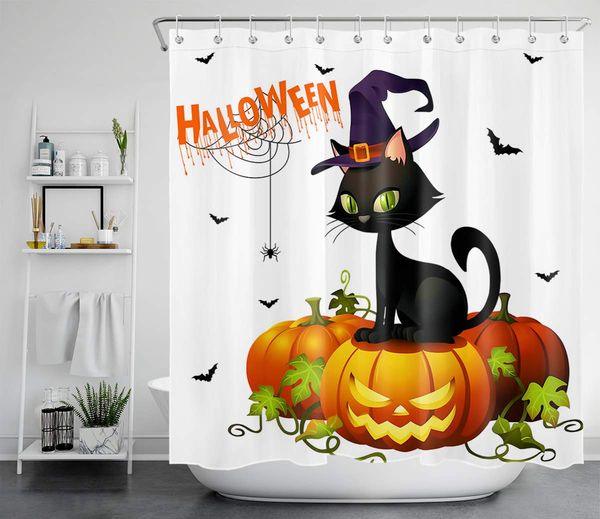 

funny halloween shower curtains for kids bats black cat with magic hat standing on ghost pumpkin bathroom curtain for party