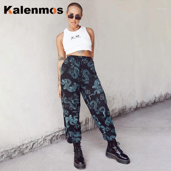 

vintage punk black long pants women harajuku streetwear dragon print high waist harm trousers gothic casual female pant women's & capri, Black;white