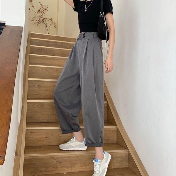 

women's pants & capris women casual high-waist wide-leg loose korean style draped pant all-match solid office lady elegant fashion ulzz, Black;white