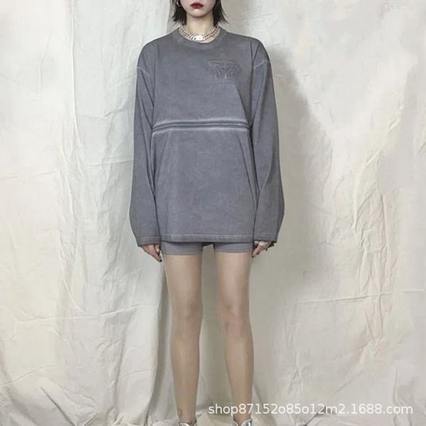 

smfk storm grey old halo dye detachable two wear long sleeve women's sweater t-shirt personalized fashion high version, Black