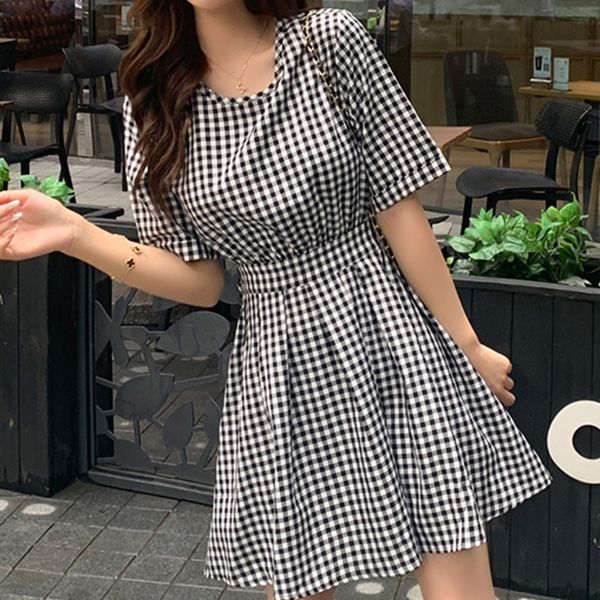 

fashion vintage chess in short sleeves thin waist black dress mujer verano, Black;gray