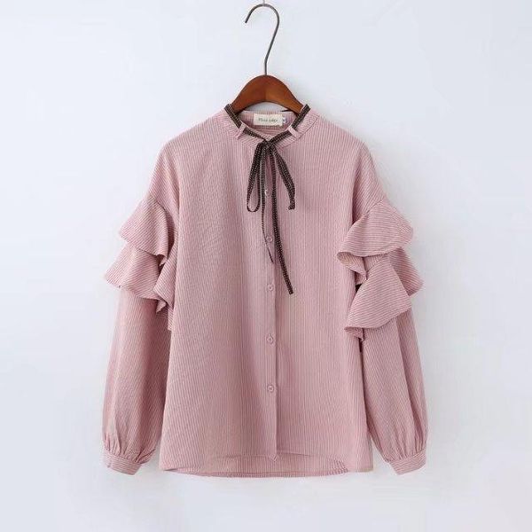 

women's blouses & shirts plus size women elegant stirped white pink green blouse 2021 spring ruffles shirt round neck flare long sleev