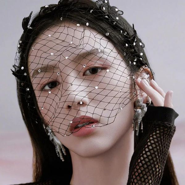 

bridal veils whitney 2021 wedding collection party headband veu de noiva pearls beads comb bridcage veil lace butterfly headpiece, Black