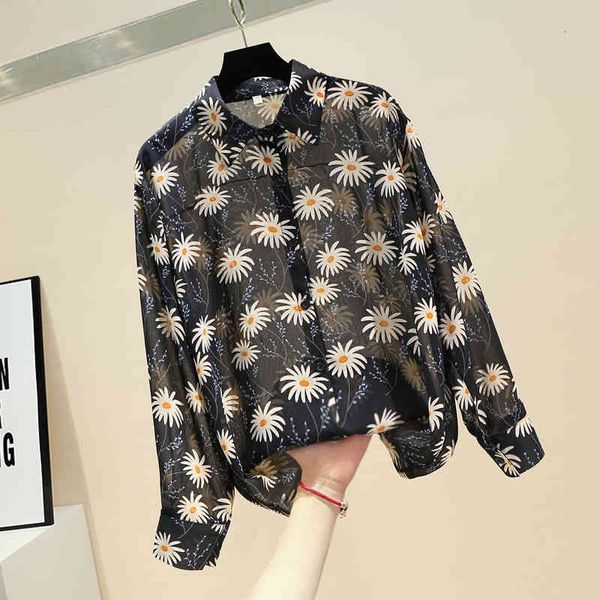 

blouses summer blouse for woman retro floral chiffon women's long sleeve sunscreen shirt blouses blusas loose, White