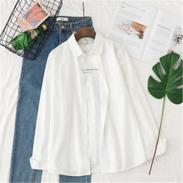 

women's blouses & shirts 2021 women cotton long sleeve solid turn down collar casual white ladies spring blusas femininas