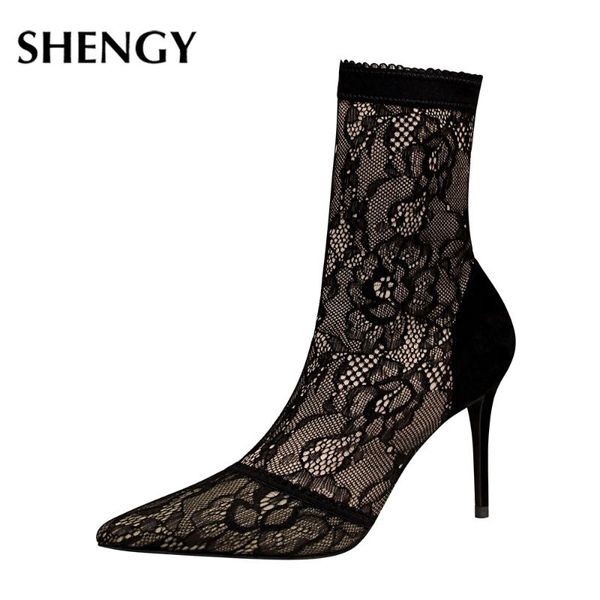 

dress shoes 2021 women's 9cm fashion nightclubs slim lace stiletto pointed high-heeled suede mesh short boots, Black