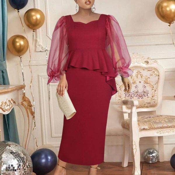 

casual dresses square collar splicing perspective net yarn long sleeve high waist buttocks women's dress nice summer temperament commut, Black;gray