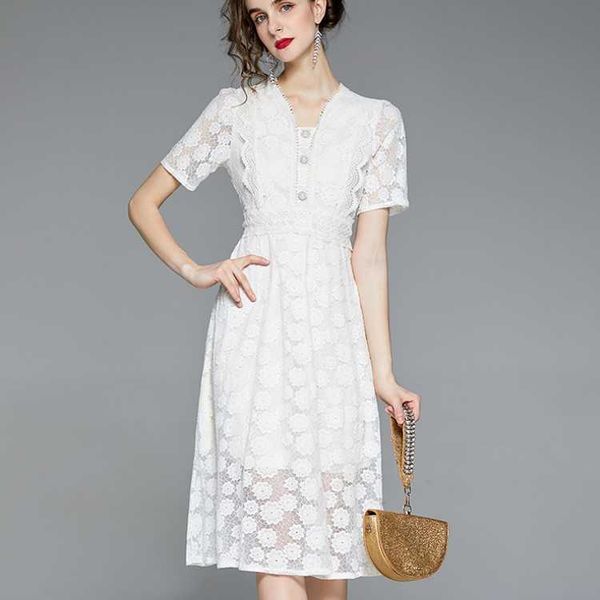 

french sweet lace dress women chic elegant solid button v neck short sleeve summer office ol midi es 210526, Black;gray