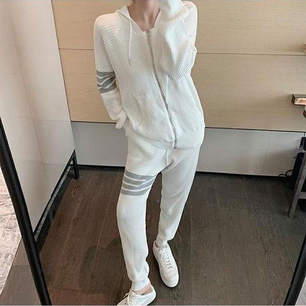 

women's two piece pants autumn women fashion set female hooded zipper casual sports suit ladies knit track long-sleeved loose jogger 2p, White