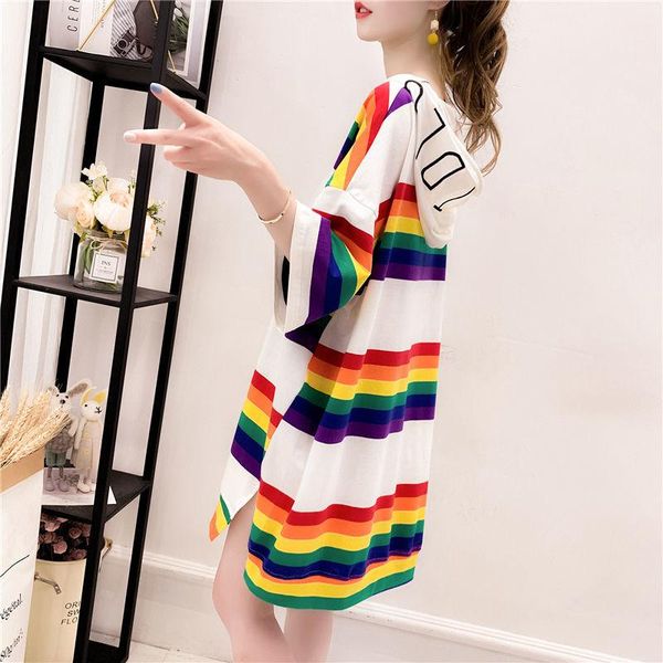 

woman tshirts hooded rainbow striped t-shirt women's summer loose large size short-sleeved shirt mujer camisetas, White