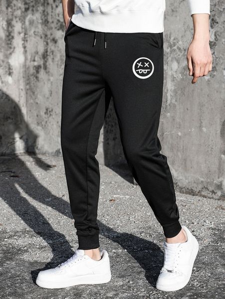

men expression print drawstring waist sweatpants m3mu#, Black