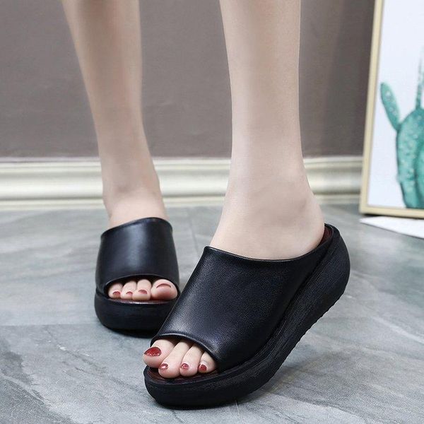 

women summer fashion leisure shoes platform wedges fish mouth sandals thick bottom slippers m072, Black