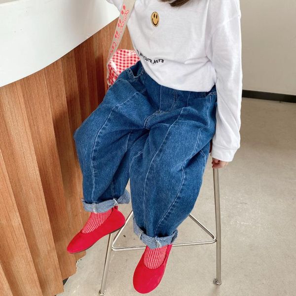 

trousers jeans pants full length elastic waist solid regular cotton fashion sweet cool comfortable spring autumn children, Blue