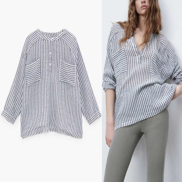 

za striped pocket loose shirt women long sleeve o neck office spring shirts female chic button up vintage blouse 210602, White