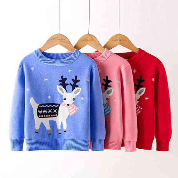 Рождественские девочки свитер осень зима детей трикотаж мальчиков пуловер мультфильм олень вязаная детская одежда 210429