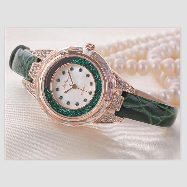 

wristwatches melissa brand women classic moving crystal sands watches fashion thin leather strap watch japan quartz analog montre reloj femm, Slivery;brown