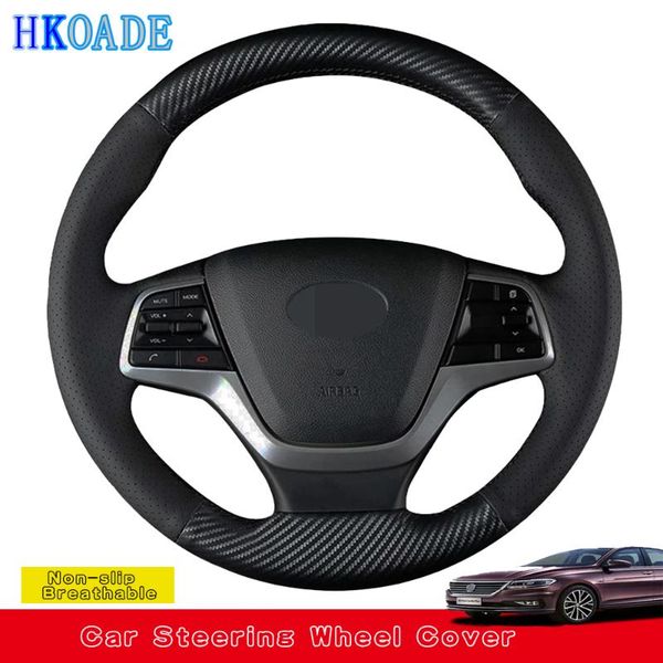 

steering wheel covers diy hand-stitched black carbon fiber leather car cover for elantra 4 2021-2021 solaris 2021 accent