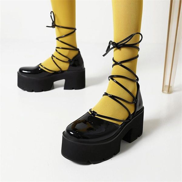 

dress shoes pxelena plus size 34-43 punk rock gothic cross tied gladiator sandals women patent leather chunky platform high heels rome, Black