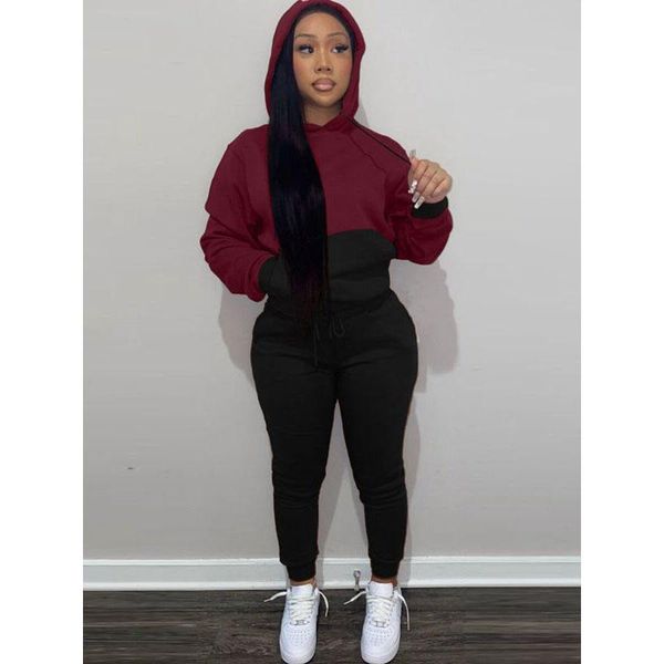 

women's two piece pants plus size fall winter stitching hooded sweater set women crop pants sets lounge sports streetwear wholesale, White