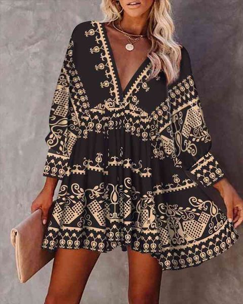 

autumn all over print v-neck fold pleated mini dress femme casual lace up back flare sleeve robe office lady traf, Black;gray