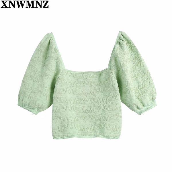 

chic green crop women jacquard knitted cropped woman sweater fashion square neck short puff sleeve summer 210520, White