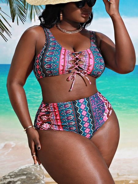 

plus allover print lace up bikini swimsuit t9rl#, Black