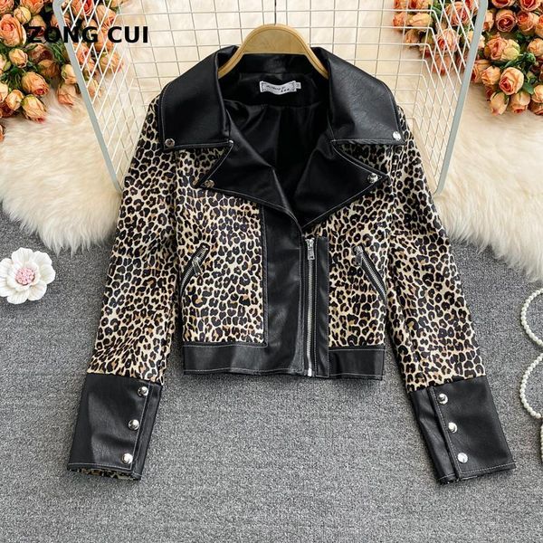 

women's leather & faux fashion designer leopard jacket autumn winter women turn down collar long sleeve black printed zipper short pu c