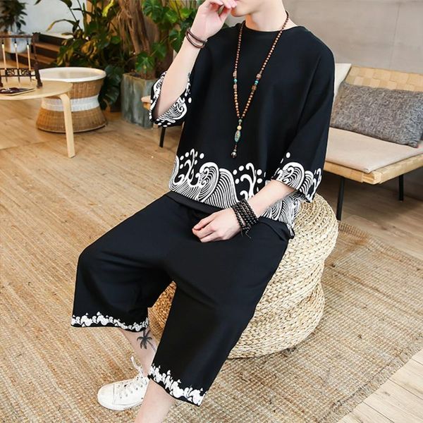 

men's tracksuits casual retro sets conjuntos de pijama round neck middle sleeve cotton and linen suit chinese design aesthetics pajama, Gray