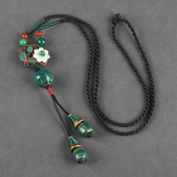 

chains national style high-grade pendant versatile shell flower sweater chain retro accessories ceramic long necklace, Silver