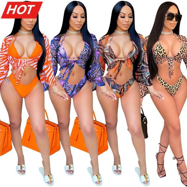 

deep v bikini bathing suit summer fashion print suits for women lace up halter with cover three piece women's swimwear, White;black