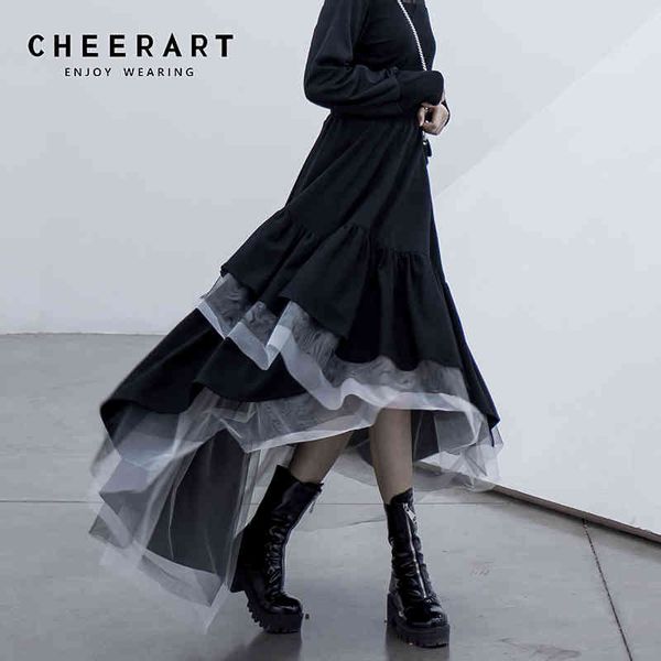

mesh asymmetrical skirt women black tiered elastic high waist long plaid designer fashion 210427