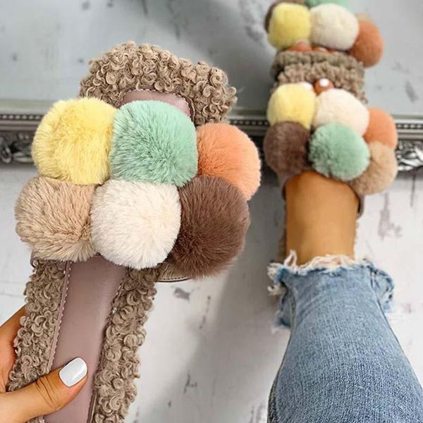 

women's sandals fur women furry summer fluffy house shoes 2021 woman home plus size, Black