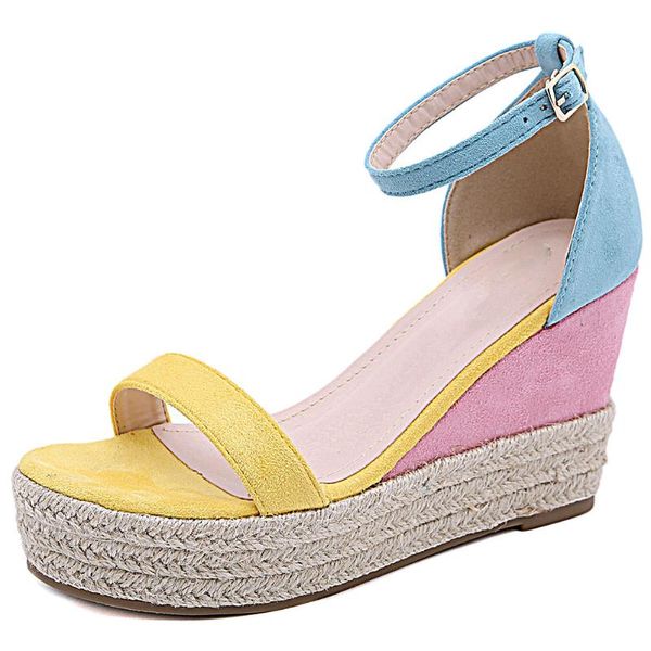 

brand shoes women elegant mixed colors ankle strap straw platform wedges high heels ladies sandals, Black