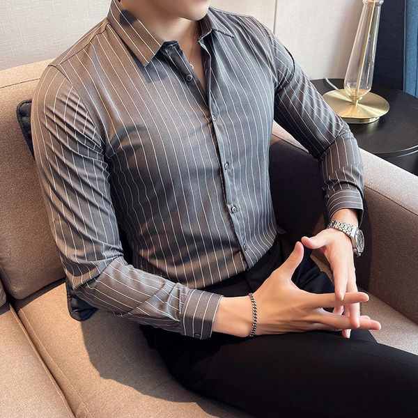 

men's dress shirts 2021 four seasons striped long-sleeved shirt, light mature korean style slim personality autumn shirt, White;black