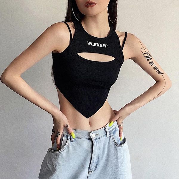 

women's tanks & camis hollow out letter embroidery black tank fashion gothic female streetwear short tshirts cool casual korean tee, White