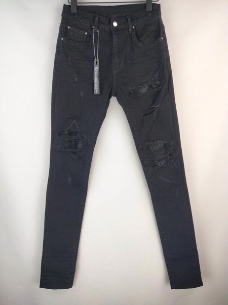 

men's jeans men pu leather ribbed patch skinny distressed black, Blue