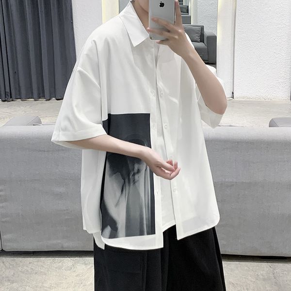 

men's casual shirts summer loose camisa masculina short sleeve shirt fashion beach printing white color -3xl 4xz2, White;black