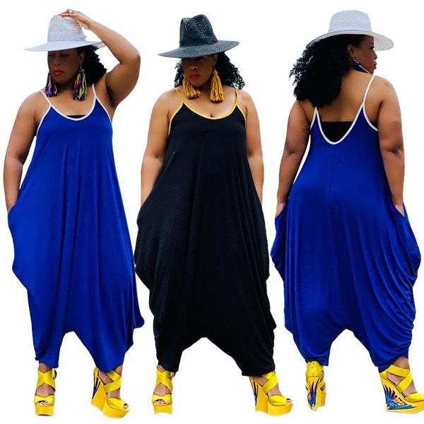 

plus size tracksuits 2021 summer women's jumpsuit large cool hip pocket solid color suspenders wide leg pants, Black