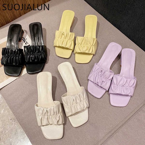 

suojialun fashion pleated slippers square low heel casual slip on slides summer beach flip flops ladies brand sandals mujer 210630, Black