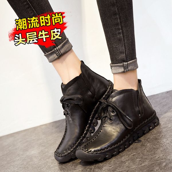 

autumn and winter lace up hand sewn wenzhou soft soled leather flat bottomed women's sho short boots, Black