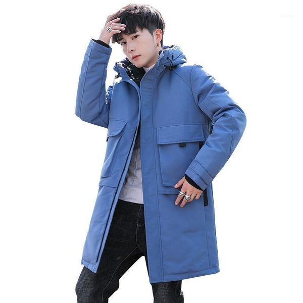 

men's down & parkas 2021 men long warm white-duck padded jacket solid 4 colors hooded male big pocket overcoat windbreaker jackets, Black