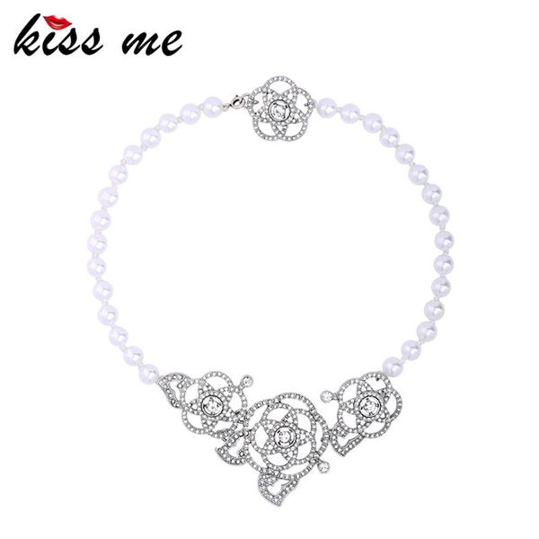 

pendant necklaces kiss me imitation pearls chain hollow out crystal flower necklace party fashion choker brand jewelry, Silver