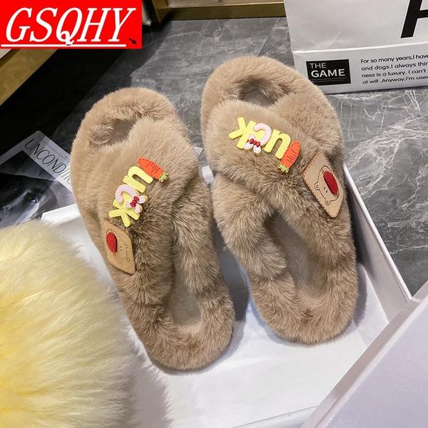 

slippers warm in winter, soft and fluffy plush home slippers, fashion non-slip flat-bottomed women's, Black